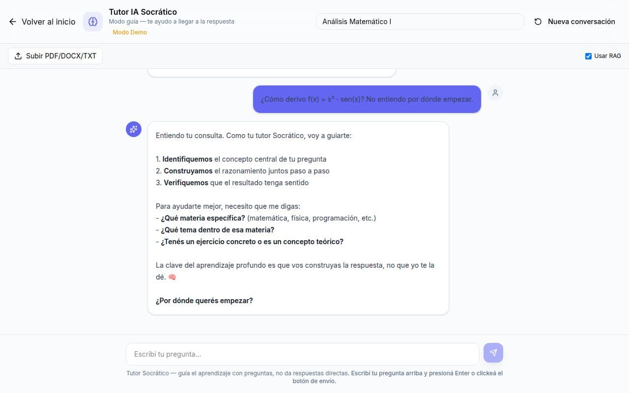 Tutor socrático respondiendo una pregunta de derivadas con preguntas guía