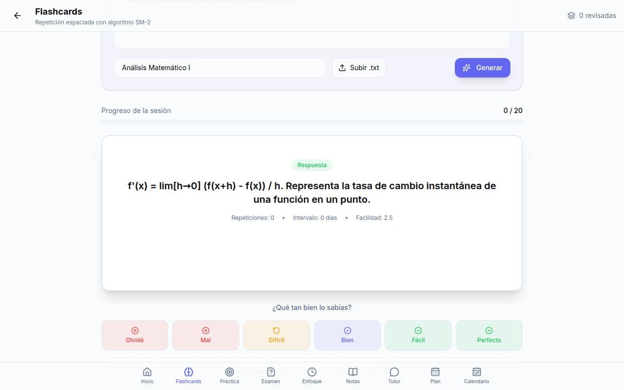 Tarjeta con la respuesta revelada y botones para calificar qué tan bien se sabía