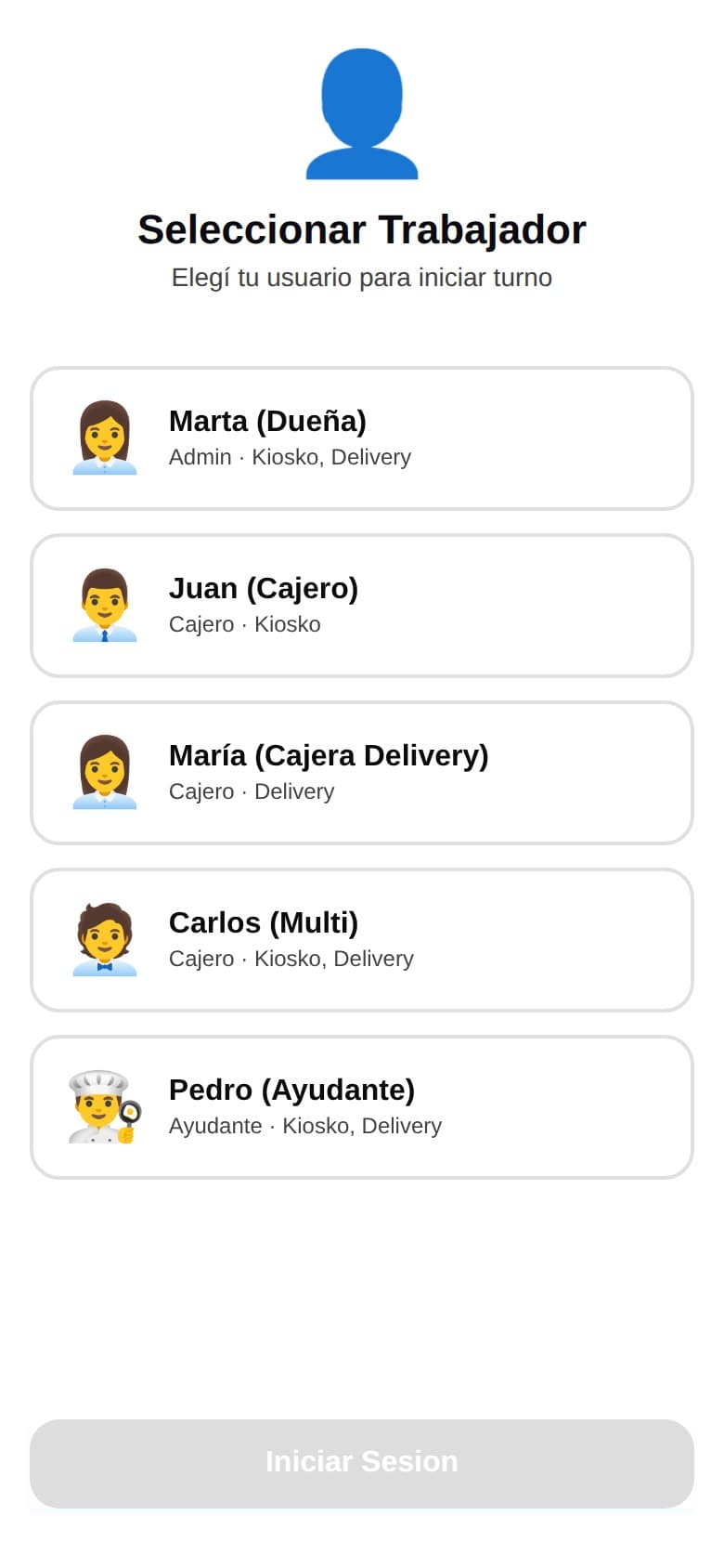 Pantalla para elegir el trabajador, con roles de dueña, cajeros y ayudante
