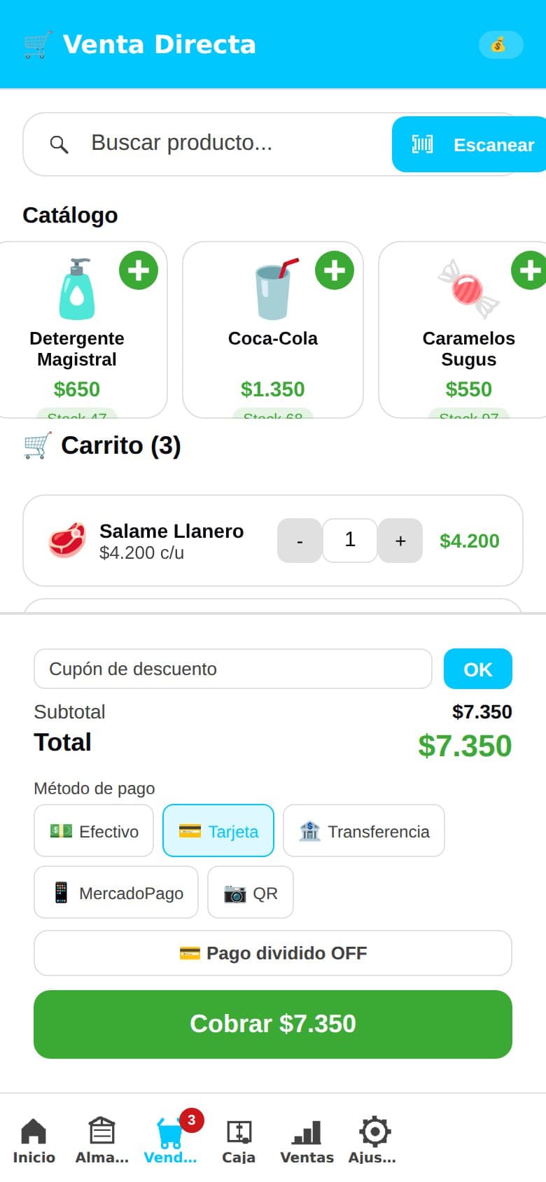 Venta directa con catálogo, carrito, cupón de descuento y métodos de pago
