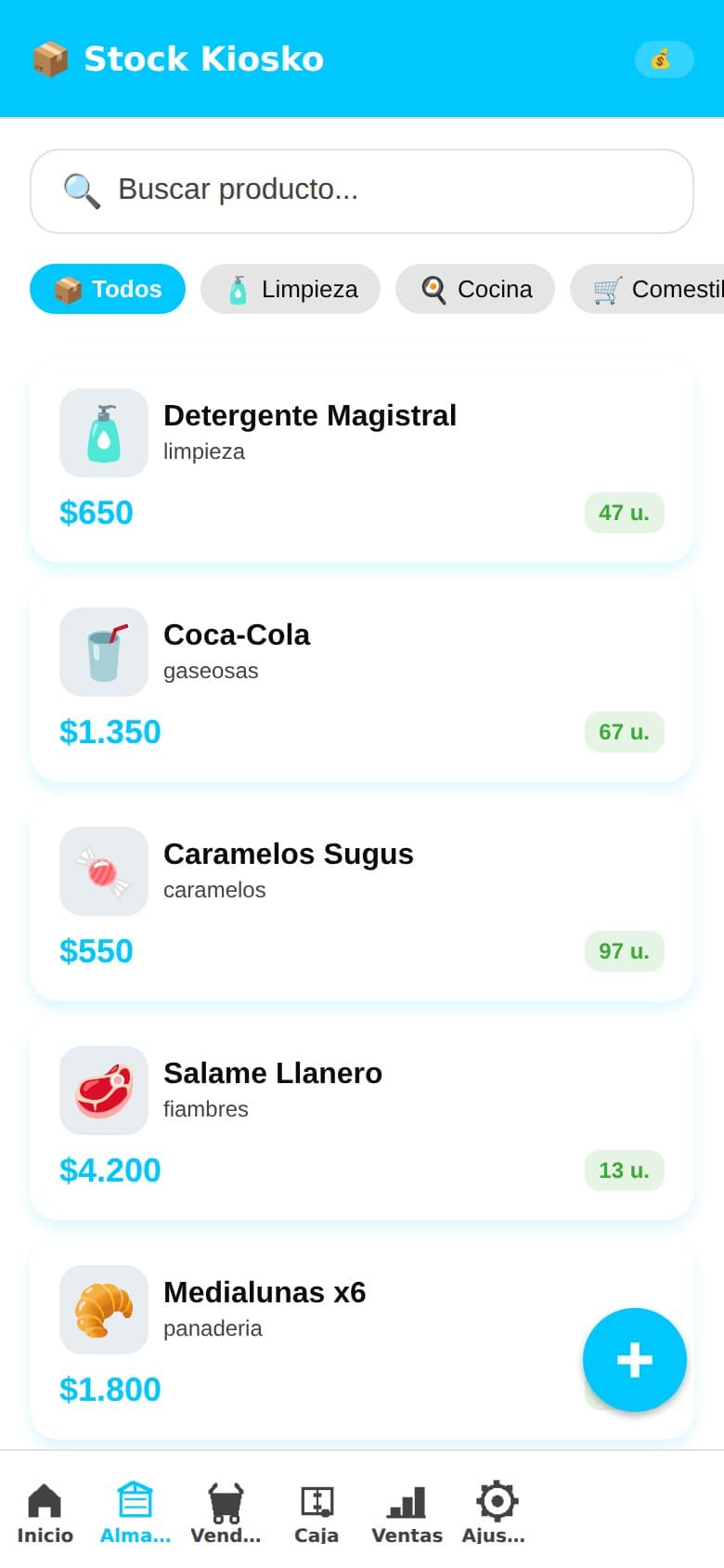 Stock del kiosco con categorías, precios y unidades disponibles