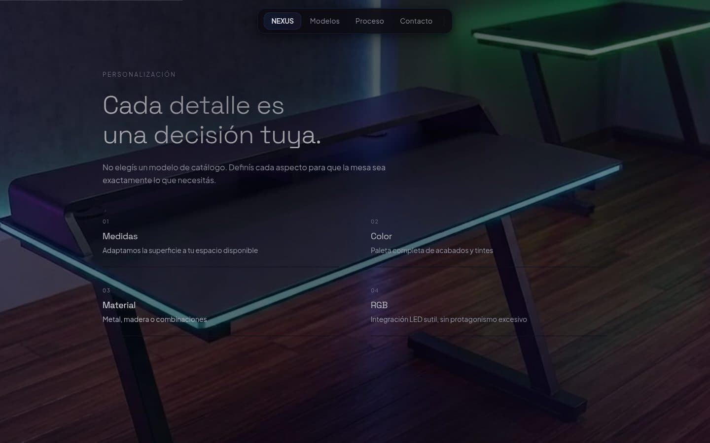 Sección de personalización con medidas, color, material y RGB