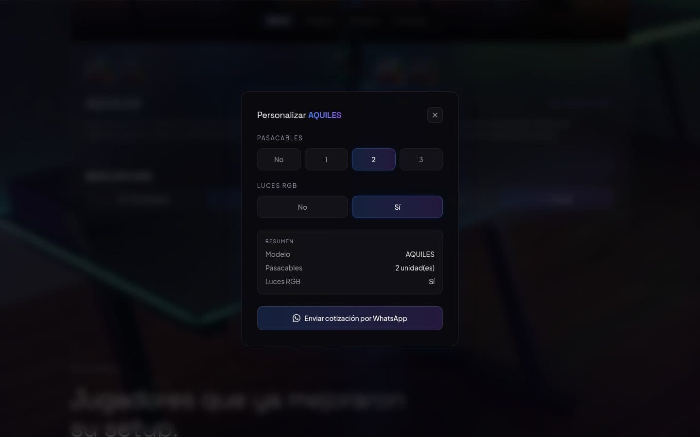 Configurador del modelo Aquiles con pasacables, luces RGB y resumen