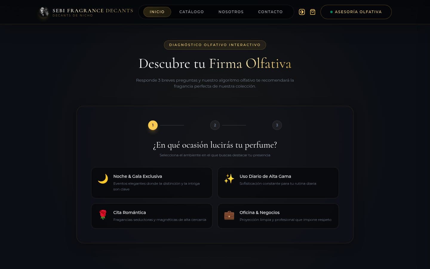 Asistente 'Descubre tu firma olfativa' con la primera pregunta sobre la ocasión de uso