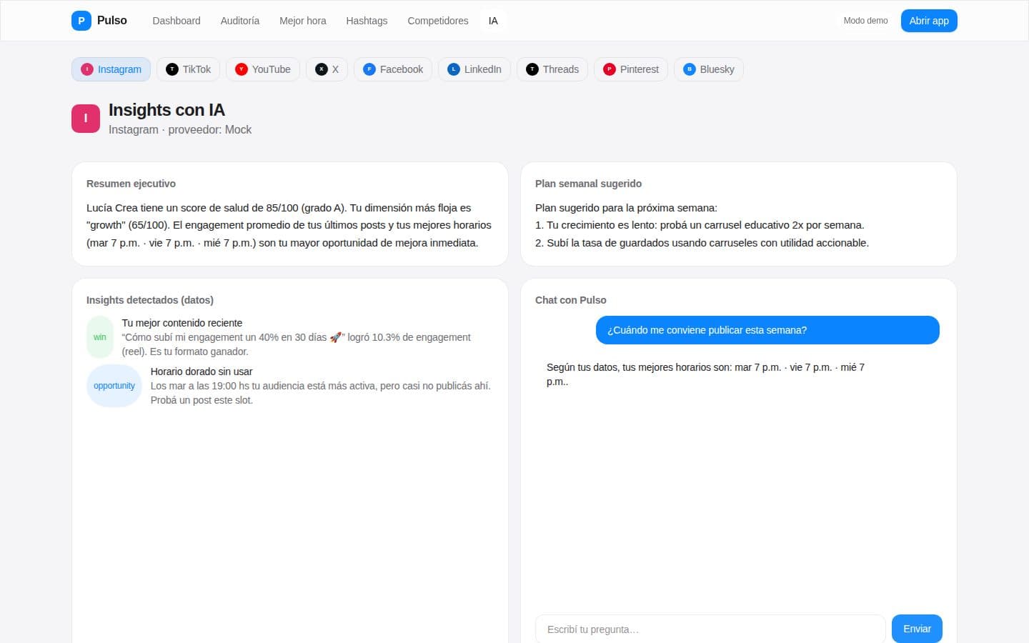 Insights con IA y chat con una pregunta respondida